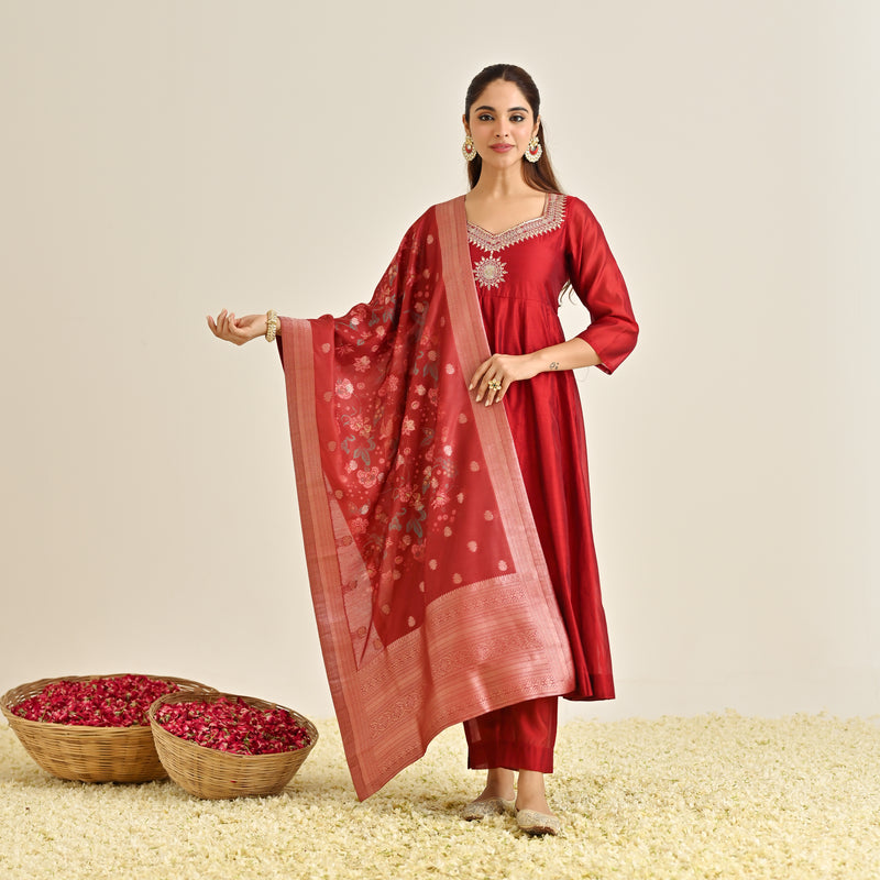 Red Festive Anarkali Set with Brocade Dupatta