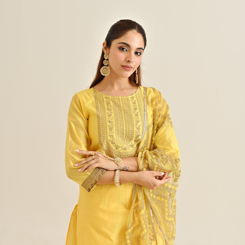 Yellow Festive Embroidered Kurta Set with Embroidered Dupatta & Yoke Detail