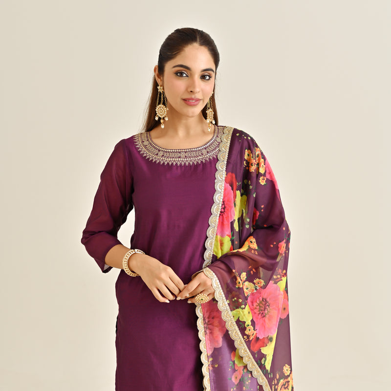 Burgundy Festive Embroidered Kurta Set with Printed Dupatta & Round Yoke Detail