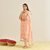 Peach Floral Straight Kurta Set with Yoke Embroidery & Dupatta