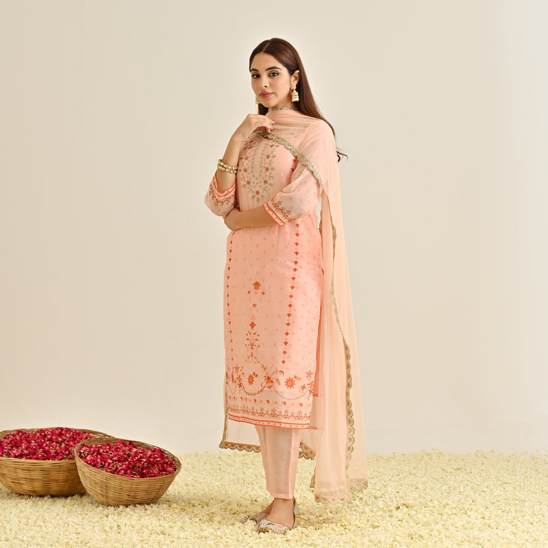 Peach Floral Straight Kurta Set with Yoke Embroidery & Dupatta