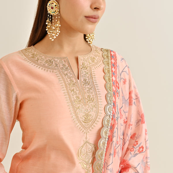 Peach Straight Festive Kurta Set with Printed Dupatta & Yoke Detail