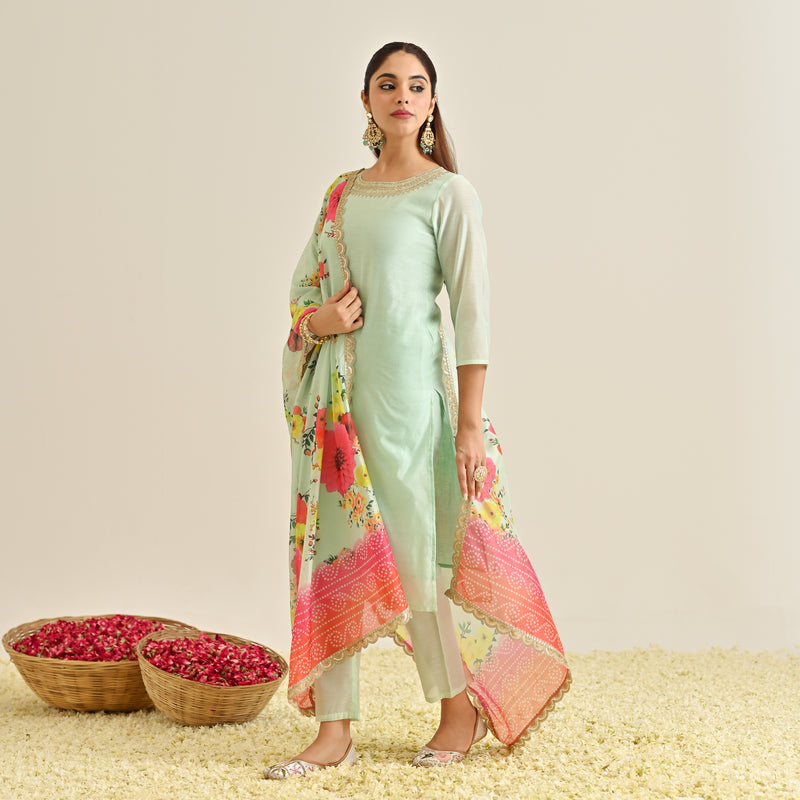 Mint Festive Embroidered Kurta Set with Printed Dupatta & Round Yoke Detail