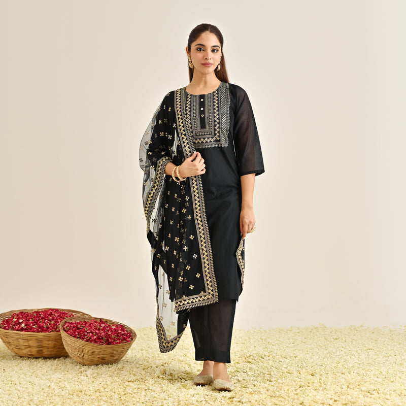 Black Festive Embroidered Kurta Set with Embroidered Dupatta