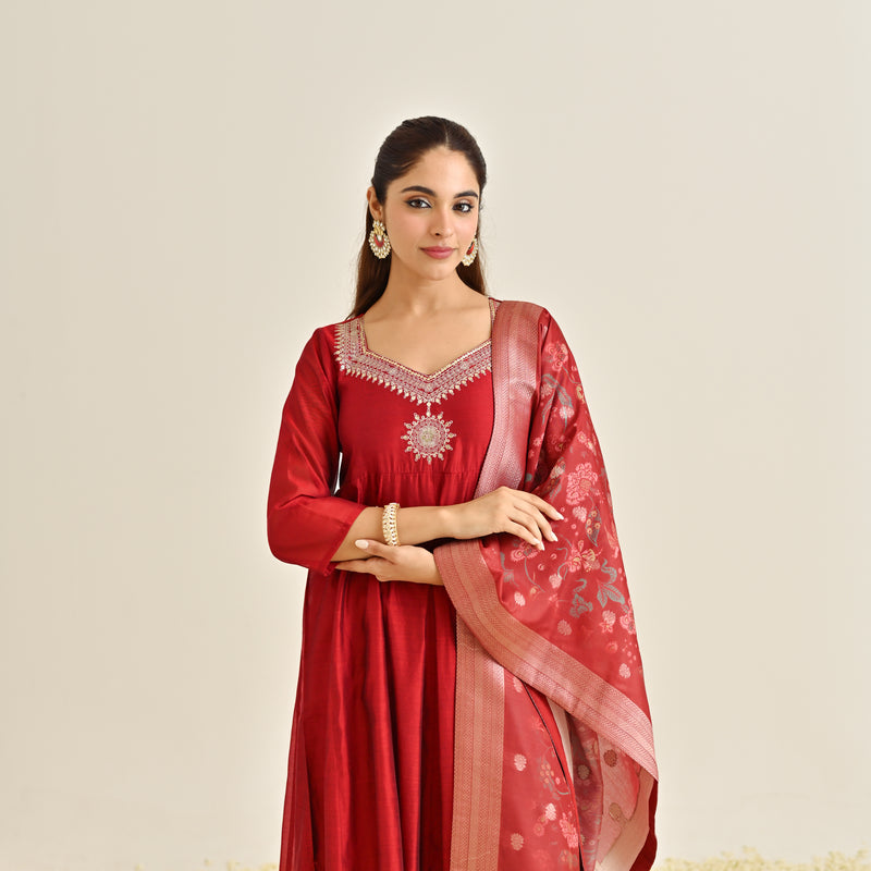 Red Festive Anarkali Set with Brocade Dupatta