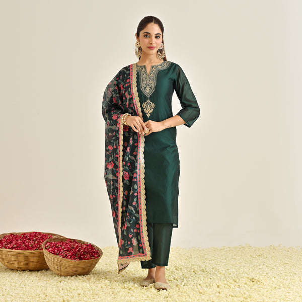 Emerald Green Straight Festive Kurta Set with Printed Dupatta & Yoke Detail