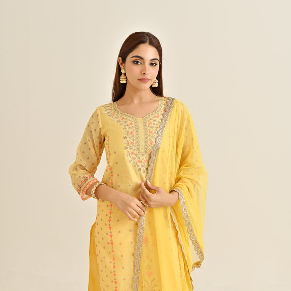 Mango Yellow Floral Straight Kurta Set with Yoke Embroidery & Dupatta