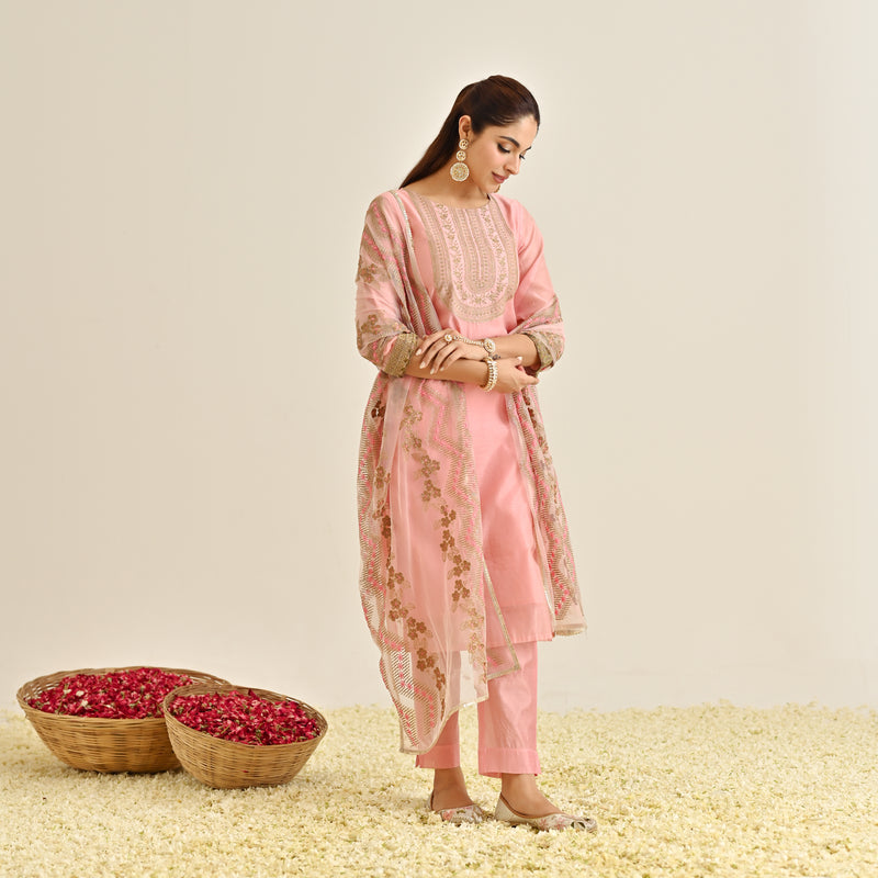 Pink Festive Embroidered Kurta Set with Embroidered Dupatta & Yoke Detail