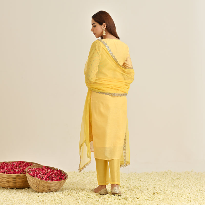 Mango Yellow Floral Straight Kurta Set with Yoke Embroidery & Dupatta