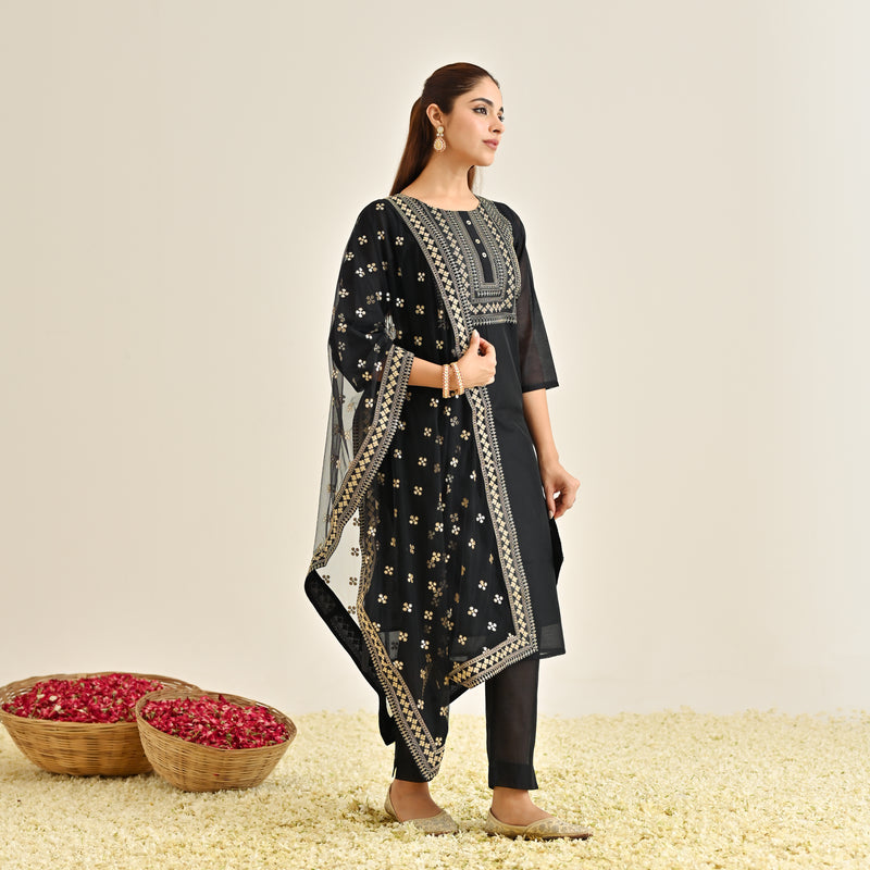 Black Festive Embroidered Kurta Set with Embroidered Dupatta