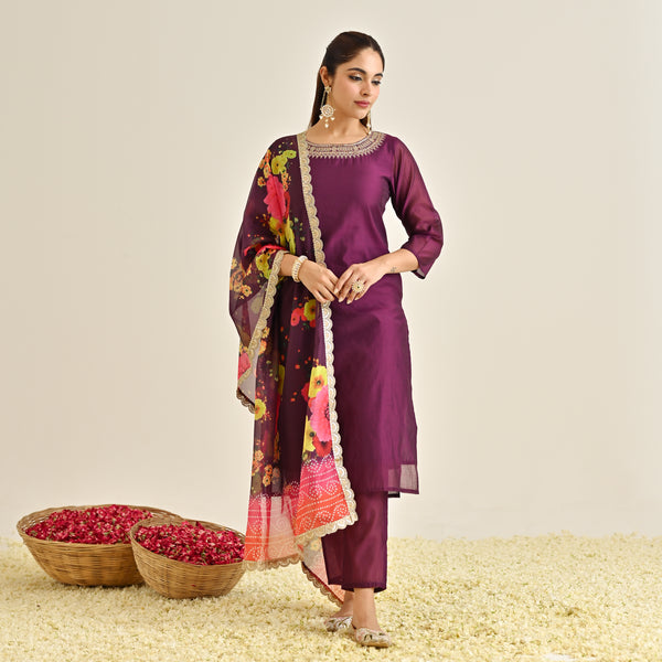 Burgundy Festive Embroidered Kurta Set with Printed Dupatta & Round Yoke Detail