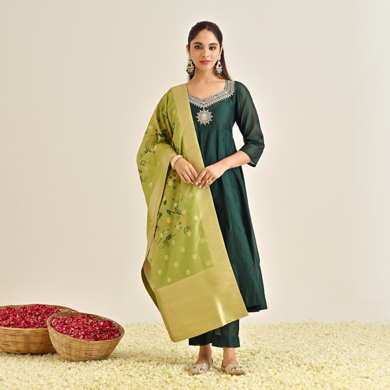 Emerald Green Festive Anarkali Set with Brocade Dupatta