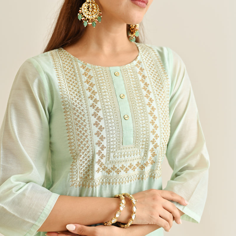 Mint Festive Embroidered Kurta Set with Embroidered Dupatta