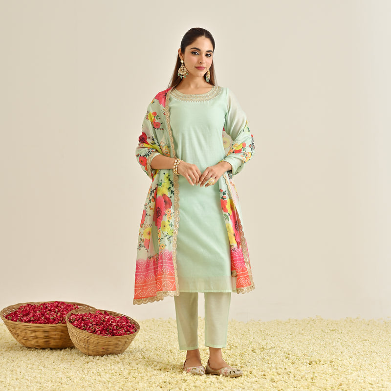 Mint Festive Embroidered Kurta Set with Printed Dupatta & Round Yoke Detail