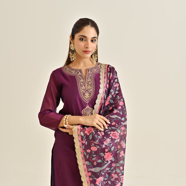 Burgundy Straight Festive Kurta Set with Printed Dupatta & Yoke Detail