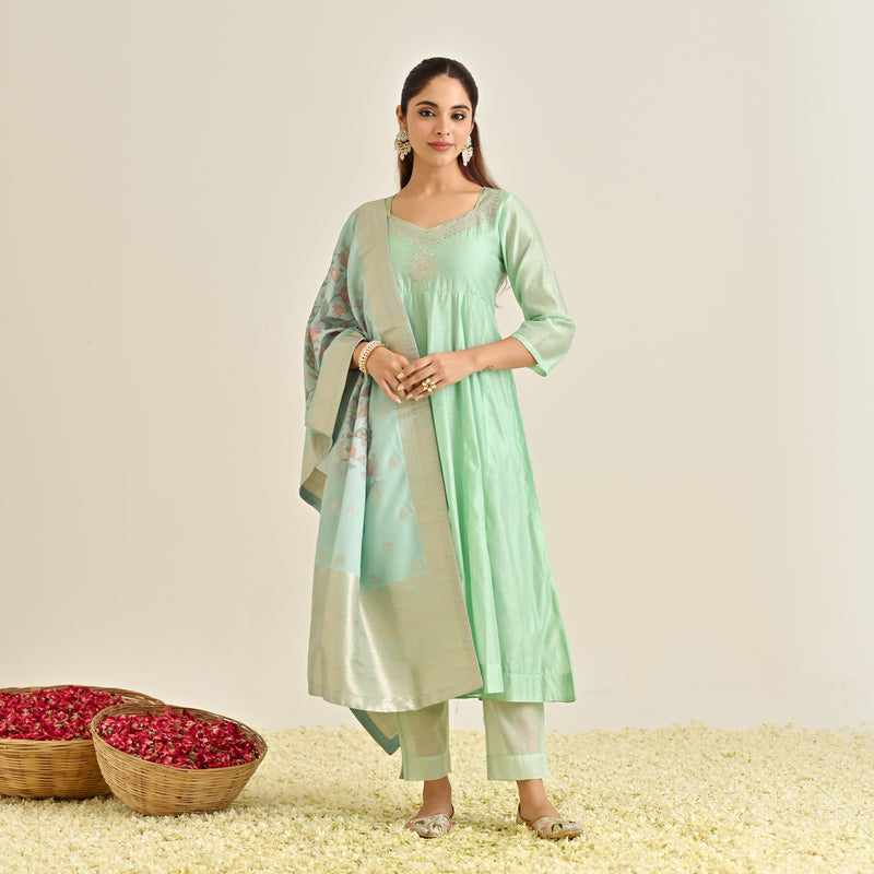 Mint Festive Anarkali Set with Brocade Dupatta