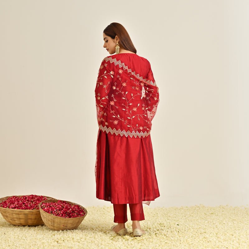 Red Festive Anarkali Set with Embroidered Dupatta & Yoke Detail