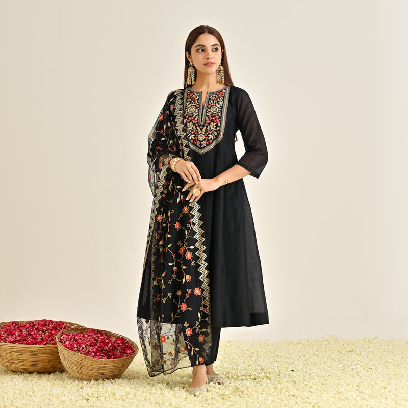 Black Festive Anarkali Set with Embroidered Dupatta & Yoke Detail