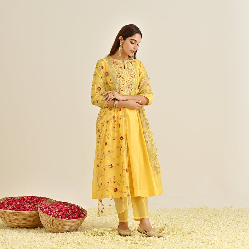 Mango Yellow Festive Anarkali Set with Embroidered Dupatta & Yoke Detail