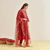 Red Festive Anarkali Set with Embroidered Dupatta & Yoke Detail