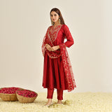 Red Festive Anarkali Set with Embroidered Dupatta & Yoke Detail