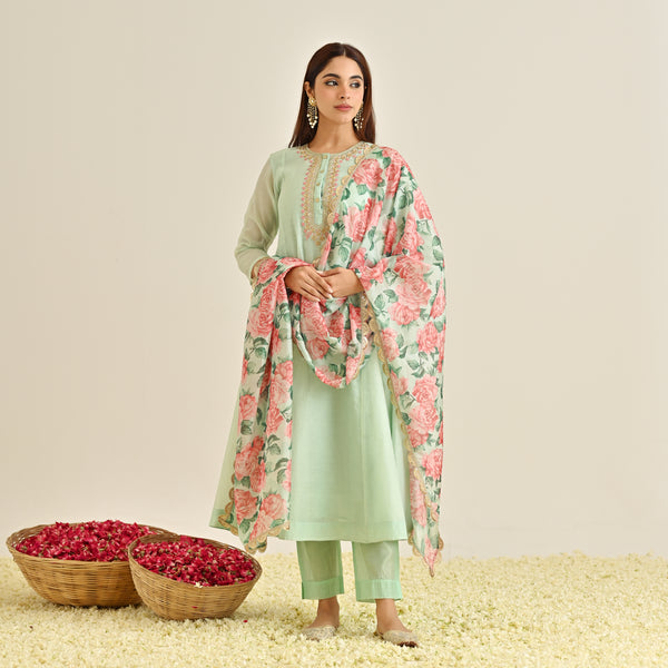 Mint Blue Anarkali Set with Floral Printed Dupatta & Yoke Embroidery