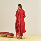 Red Festive Anarkali Set with Embroidered Dupatta & Yoke Detail