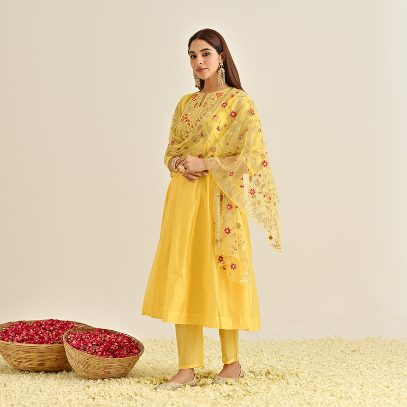 Mango Yellow Festive Anarkali Set with Embroidered Dupatta & Yoke Detail