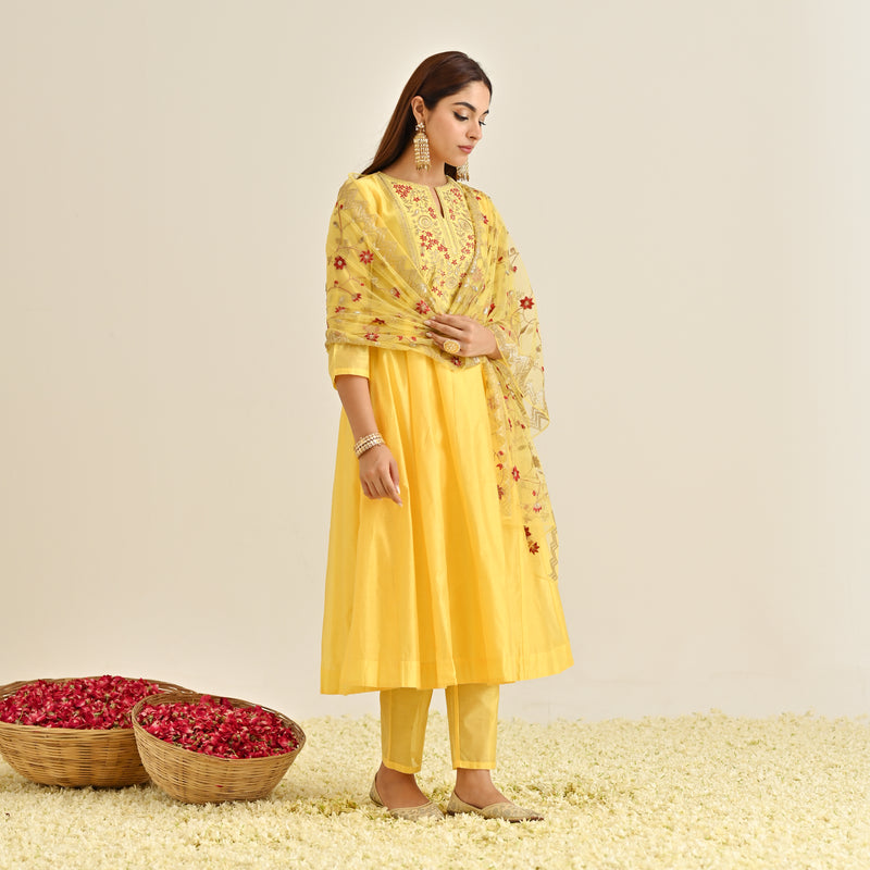 Mango Yellow Festive Anarkali Set with Embroidered Dupatta & Yoke Detail