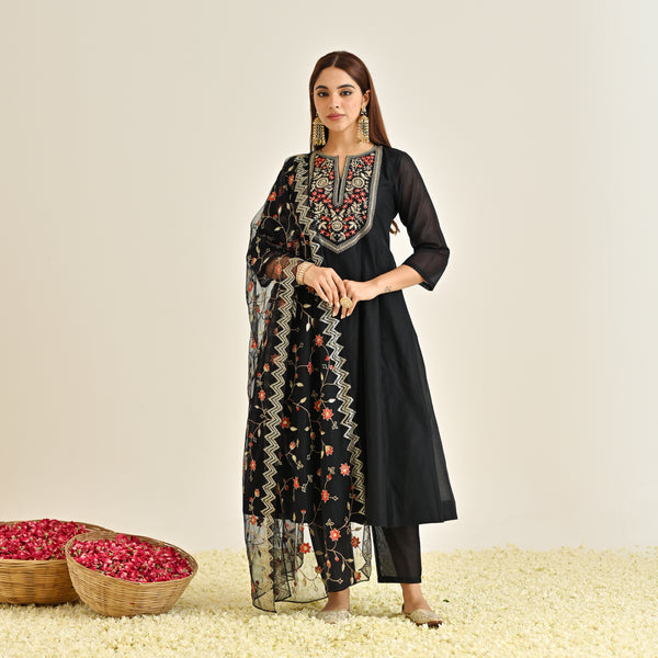 Black Festive Anarkali Set with Embroidered Dupatta & Yoke Detail