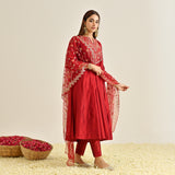 Red Festive Anarkali Set with Embroidered Dupatta & Yoke Detail