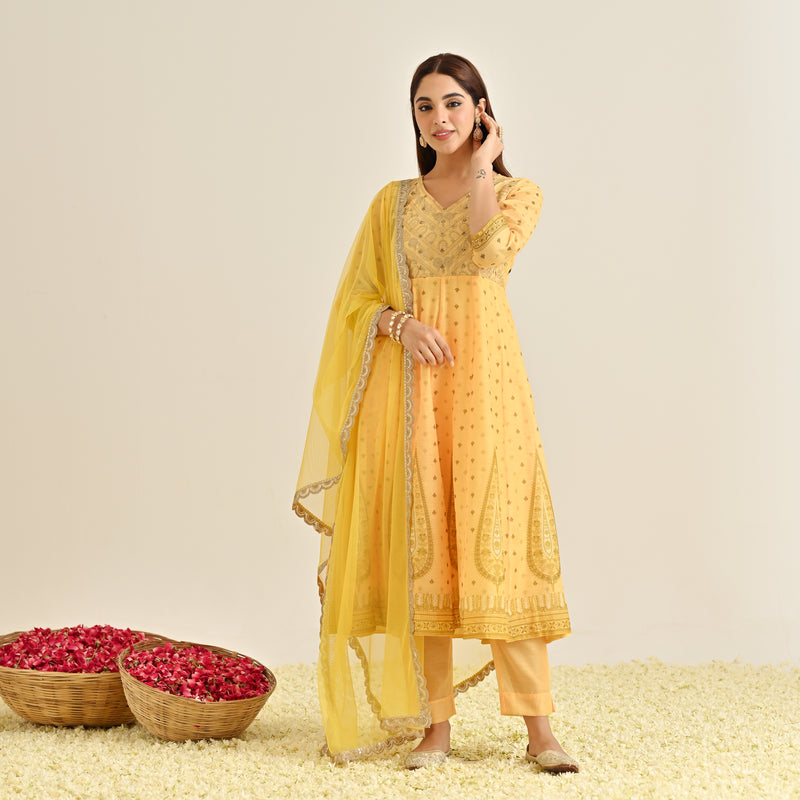 Mango Yellow Traditional Anarkali Set with Yoke Embroidery & Dupatta