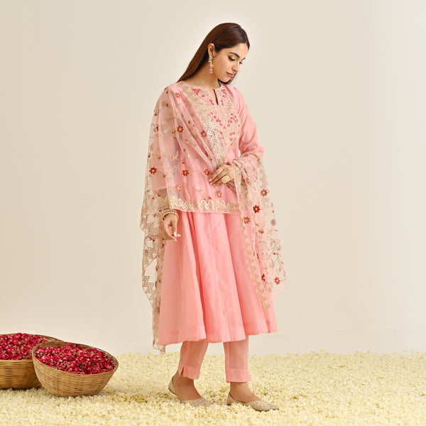 Light Pink Festive Anarkali Set with Embroidered Dupatta & Yoke Detail