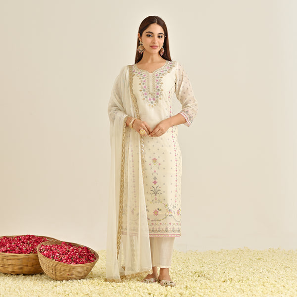 Off White Floral Straight Kurta Set with Yoke Embroidery & Dupatta