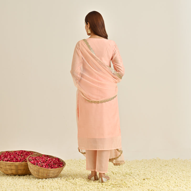 Peach Floral Straight Kurta Set with Yoke Embroidery & Dupatta