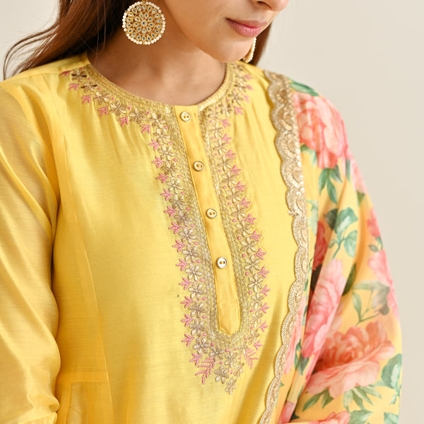 Mango Yellow Anarkali Set with Floral Printed Dupatta & Yoke Embroidery