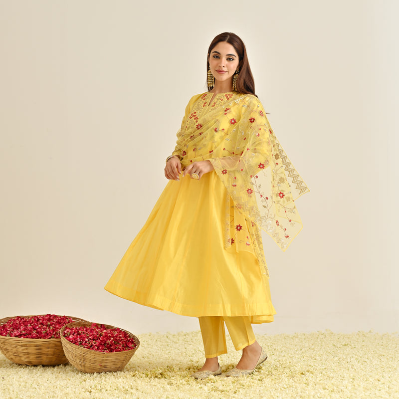 Mango Yellow Festive Anarkali Set with Embroidered Dupatta & Yoke Detail