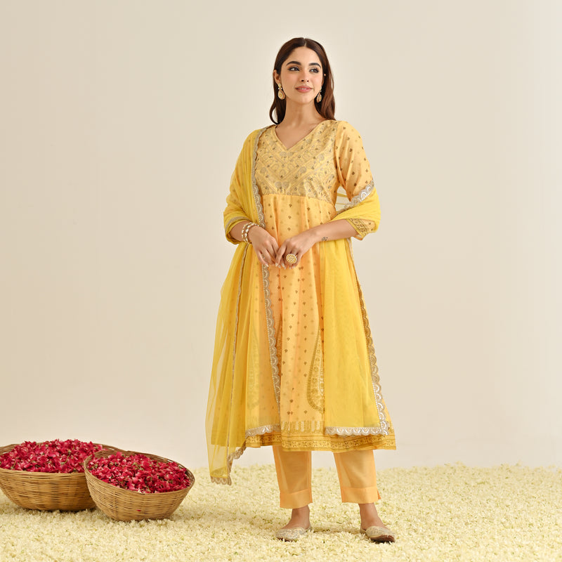 Mango Yellow Traditional Anarkali Set with Yoke Embroidery & Dupatta