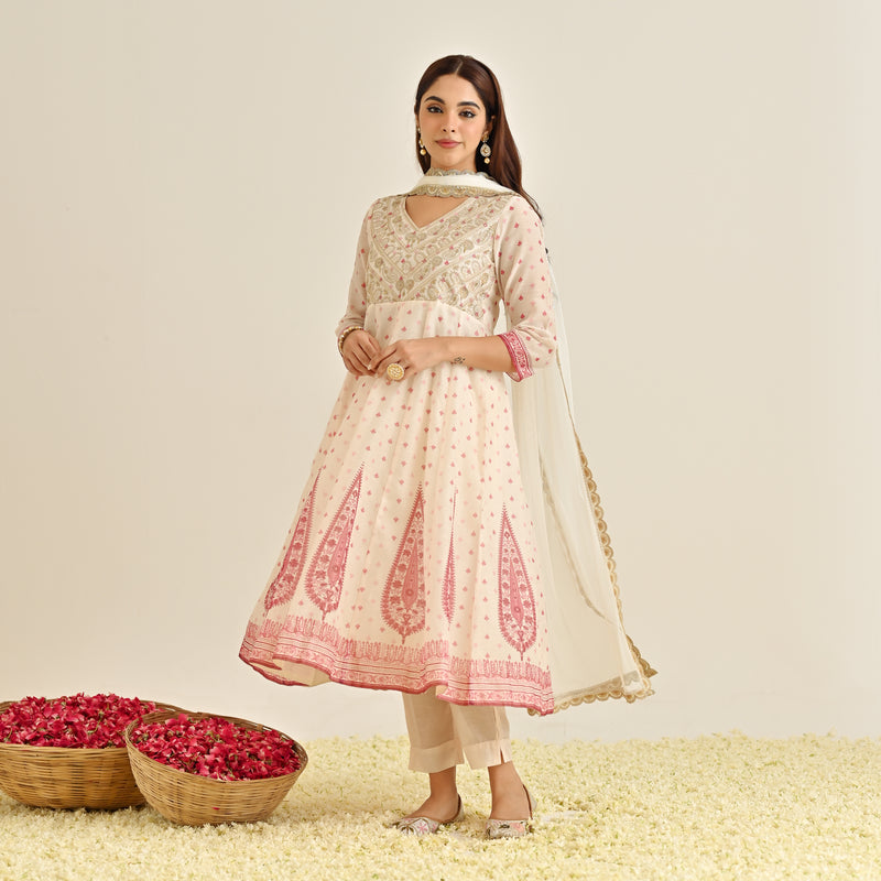 Off White Traditional Anarkali Set with Yoke Embroidery & Dupatta