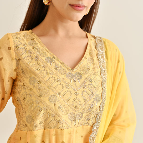 Mango Yellow Traditional Anarkali Set with Yoke Embroidery & Dupatta