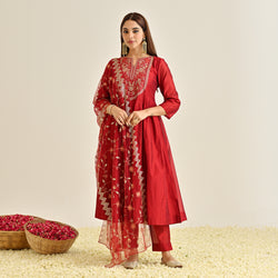 Red Festive Anarkali Set with Embroidered Dupatta & Yoke Detail