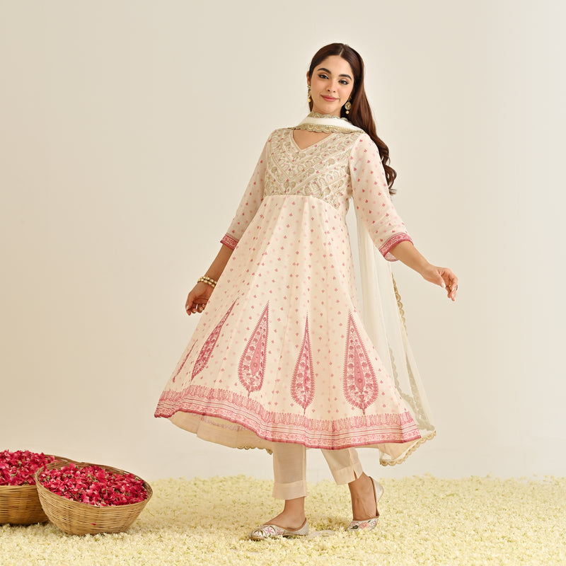 Off White Traditional Anarkali Set with Yoke Embroidery & Dupatta