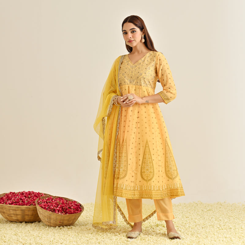 Mango Yellow Traditional Anarkali Set with Yoke Embroidery & Dupatta