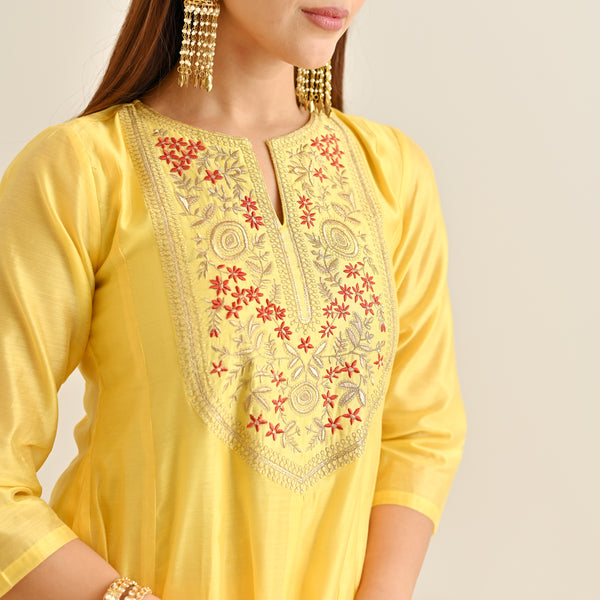 Mango Yellow Festive Anarkali Set with Embroidered Dupatta & Yoke Detail