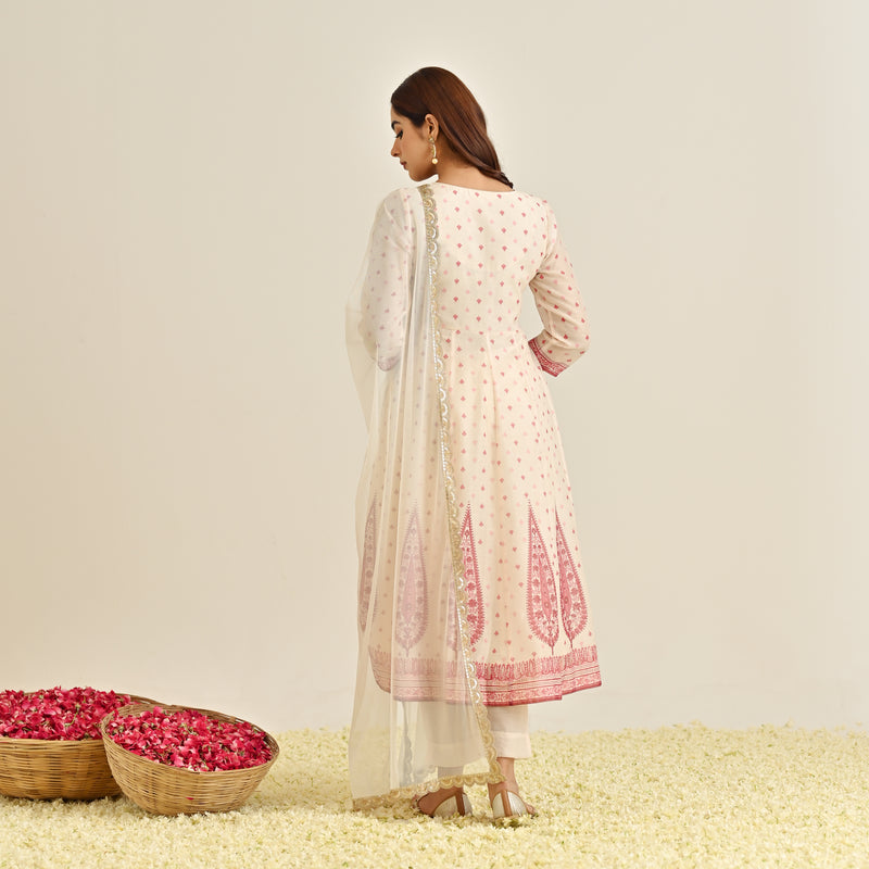 Off White Traditional Anarkali Set with Yoke Embroidery & Dupatta