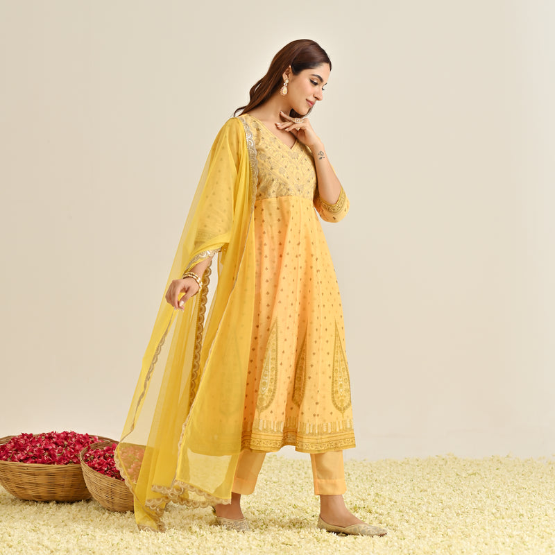 Mango Yellow Traditional Anarkali Set with Yoke Embroidery & Dupatta