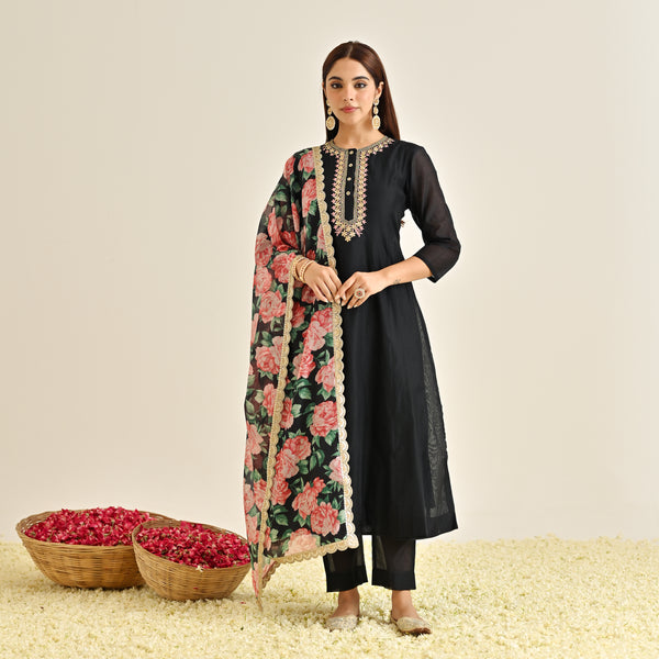 Black Anarkali Set with Floral Printed Dupatta & Yoke Embroidery