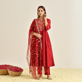 Red Festive Anarkali Set with Embroidered Dupatta & Yoke Detail