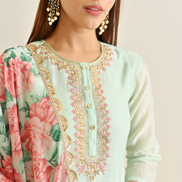 Mint Blue Anarkali Set with Floral Printed Dupatta & Yoke Embroidery