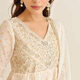 Off White Mustard Traditional Anarkali Set with Yoke Embroidery & Dupatta